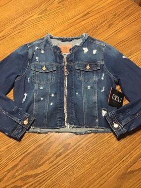 BBJ Women's Dark Blue Distressed Zip-Front Denim Jacket